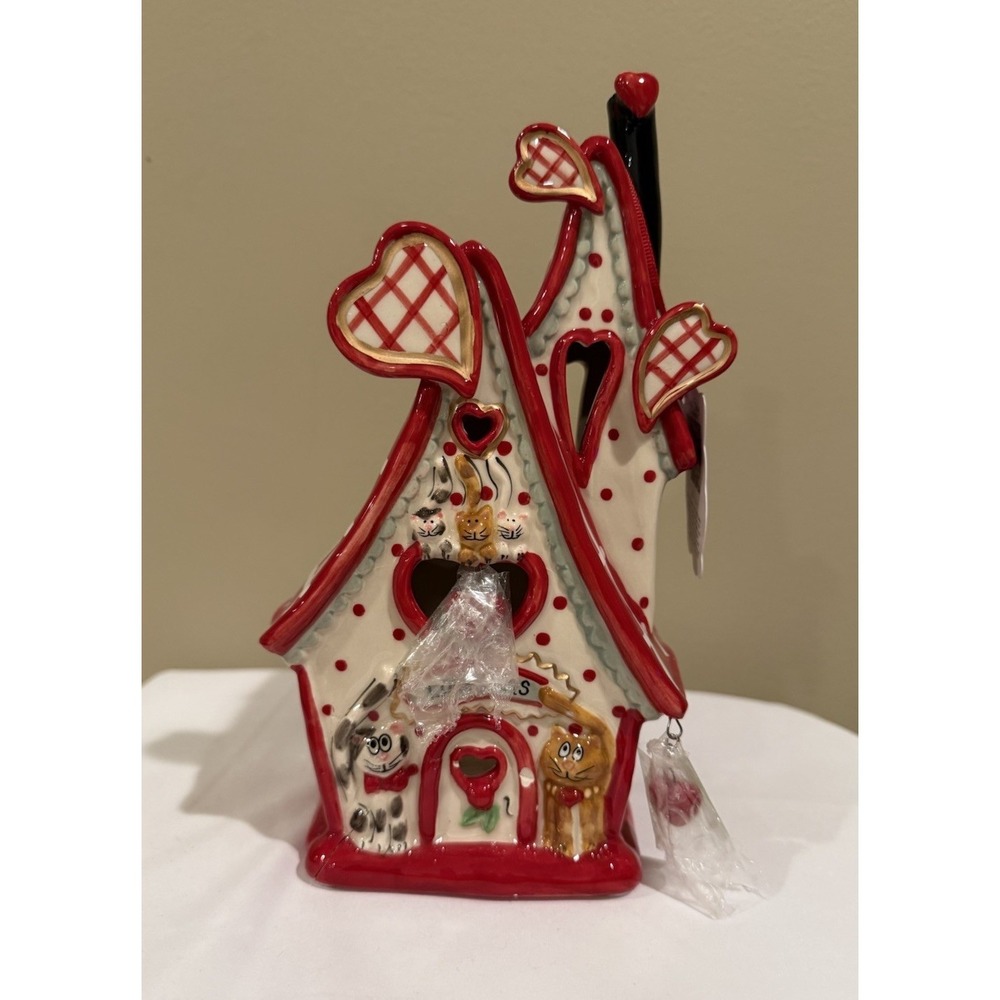 Blue‎ Sky Clayworks LOVE CATS Valentine's Day Tea Light Candle House NWT